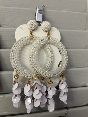 Boho White Beaded Crochet Hoop Earrings with Tassel Drops